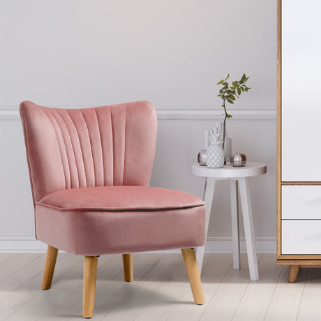Modern Armless Velvet Accent Chair with Wood Legs-Pink