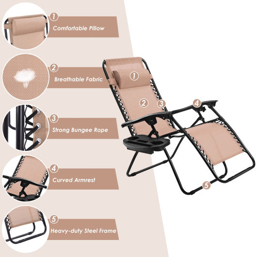 Outdoor Folding Zero Gravity Reclining Lounge Chair with Utility Tray-Beige