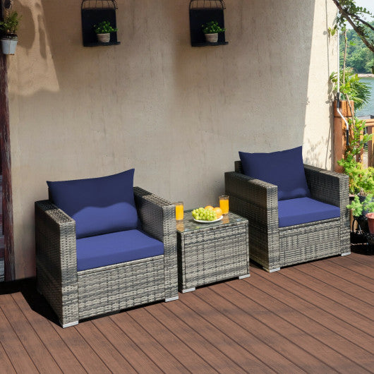 3 Pcs Patio Rattan Furniture Bistro Sofa Set with Cushioned-Navy