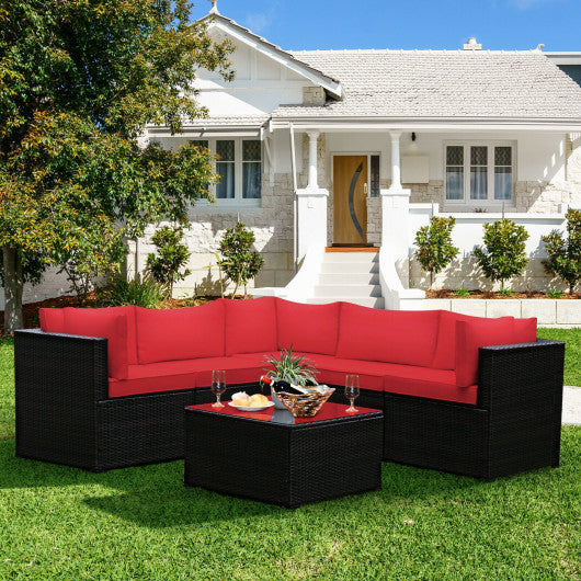 6 Pieces Patio Rattan Furniture Set Sectional Cushioned Sofa Deck-Red