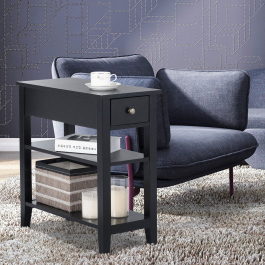 3-Tier Nightstand Bedside Table Sofa Side with Double Shelves Drawer-Black