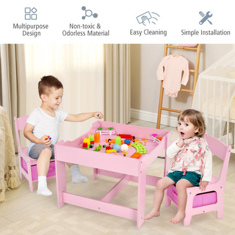 Kids Table Chairs Set With Storage Boxes Blackboard Whiteboard Drawing-Pink