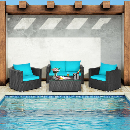 4Pcs Patio Rattan Cushioned Furniture Set-Turquoise