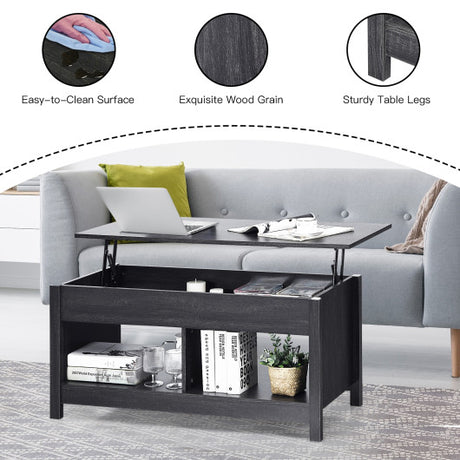 Lift Top Coffee Table with Hidden Storage Compartment and Lower Shelf for Study Room-Black