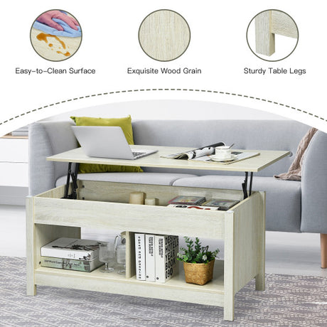 Lift Top Coffee Table with Hidden Storage Compartment and Lower Shelf for Study Room-White