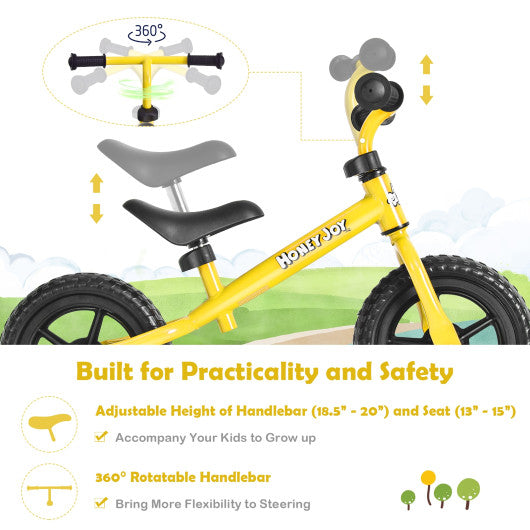 Kids No Pedal Balance Bike with Adjustable Handlebar and Seat-Yellow