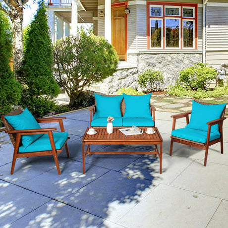 4 Pieces Acacia Wood Patio Rattan Furniture Set-Turquoise