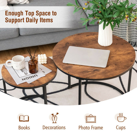 Set of 2 Modern Round Stacking Nesting Coffee Tables for Living Room-Rustic Brown