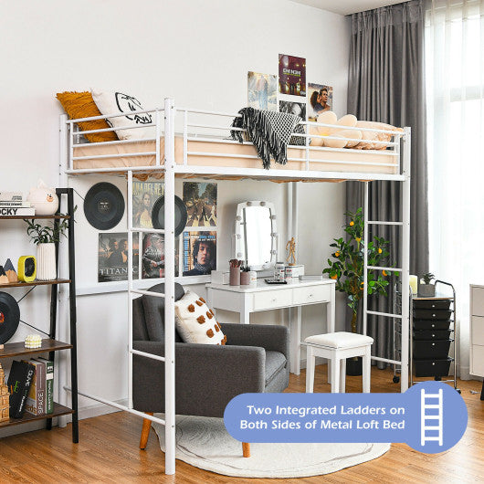 Twin Loft Bed Frame with 2 Ladders Full-length Guardrail -White