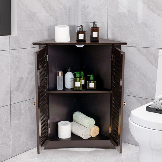 Bathroom Corner Storage Freestanding Floor Cabinet with Shutter Door-Brown