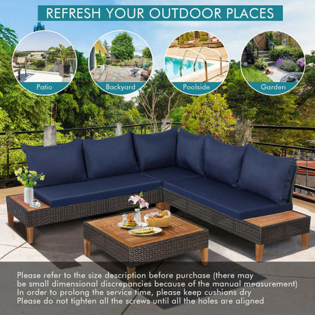 4 Pieces Patio Cushioned Rattan Furniture Set with Wooden Side Table-Navy