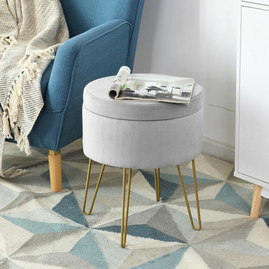 Round Velvet Storage Ottoman Footrest Stool Vanity Chair with Metal Legs-Gray