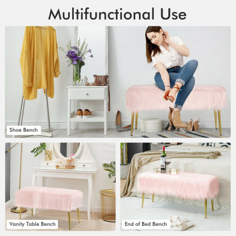 Upholstered Faux Fur Vanity Stool with Golden Legs for Makeup Room-Pink