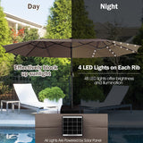 15 Feet Twin Patio Umbrella with 48 Solar LED Lights-Light Brown