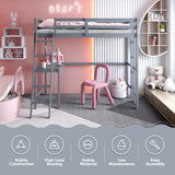 Twin Size Loft Bed Frame with Desk Angled and Built-in Ladder-Gray