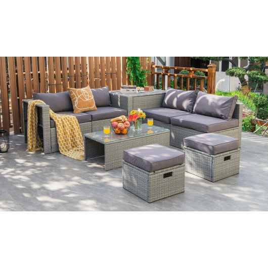 8 Pieces Patio Rattan Furniture Set with Storage Waterproof Cover and Cushion-Gray