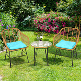 3 Pieces Rattan Furniture Set with Cushioned Chair Table-Turquoise