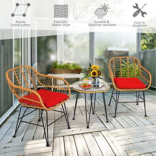 3 Pieces Rattan Furniture Set with Cushioned Chair Table-Red