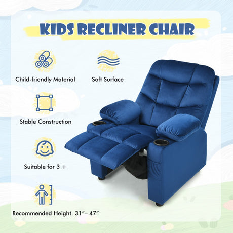 Kids PU Leather/Velvet Fabric Kids Recliner Chair with Cup Holders-Light Blue