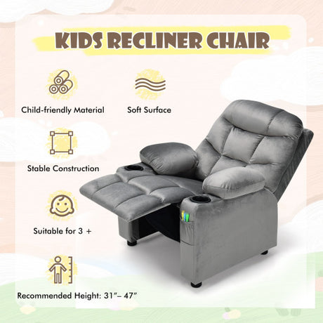 Kids PU Leather/Velvet Fabric Kids Recliner Chair with Cup Holders-Light Gray