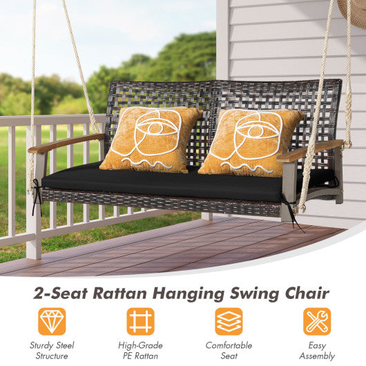 2-Person Rattan Hanging Porch Swing Chair-Black