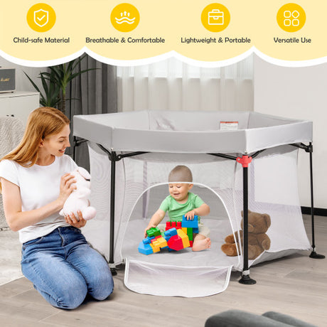 53 Inch Outdoor Baby Playpen with Canopy and Carrying Bag Portable Play Yard Toddlers-Gray