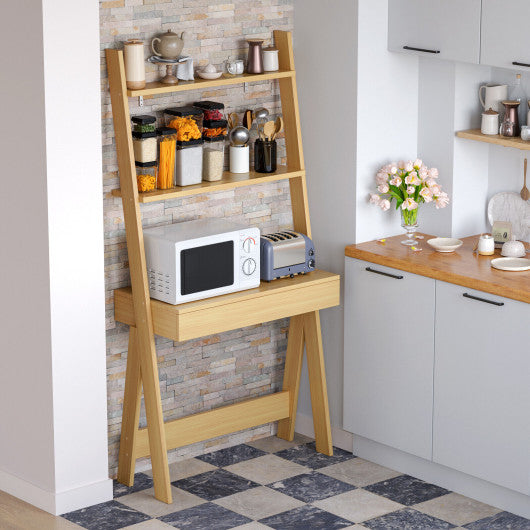 Ladder Shelf Desk Bookcase with Countertop  Drawer and 2 Shelves-Natural