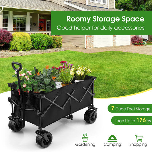 Folding Utility Garden Cart with Wide Wheels and Adjustable Handle-Black