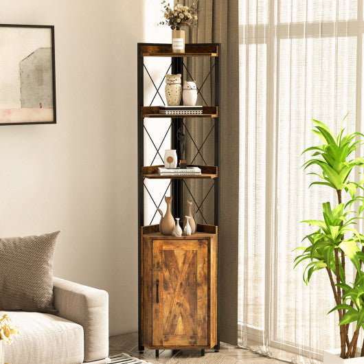 Tall Corner Storage Cabinet with 3-Tier Shelf and Enclosed Cabinet-Rustic Brown