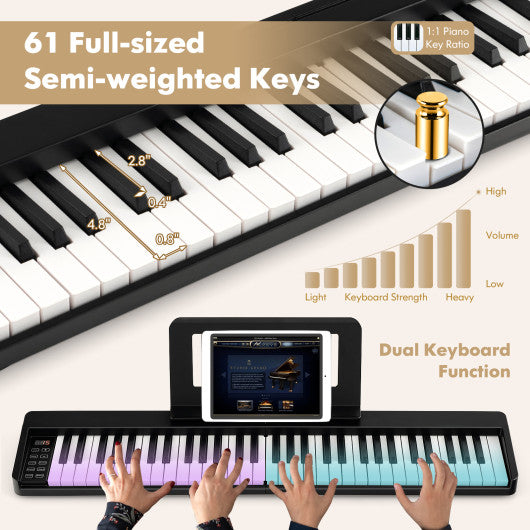 61-Key Folding Piano Keyboard with Full Size Keys and Music Stand-Black