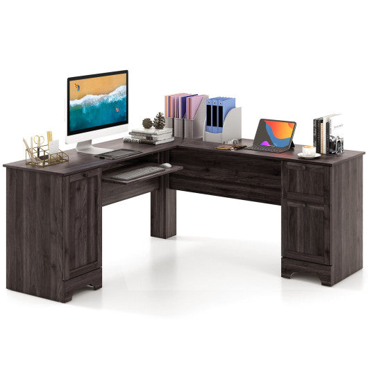 L-Shaped Office Desk with Storage Drawers and Keyboard Tray-Dark Brown