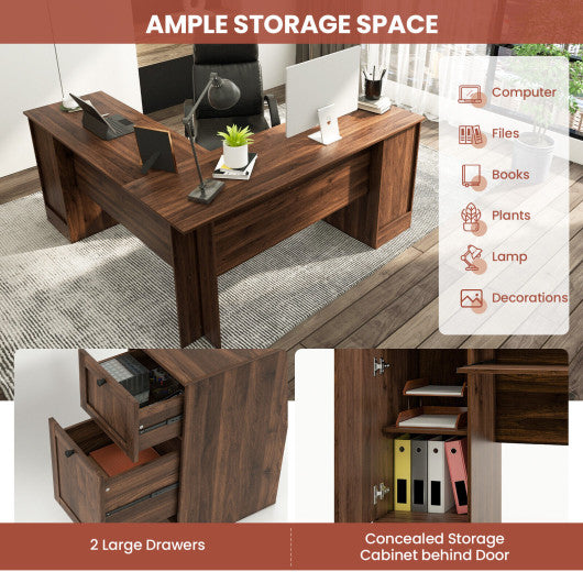L-Shaped Office Desk with Storage Drawers and Keyboard Tray-Walnut