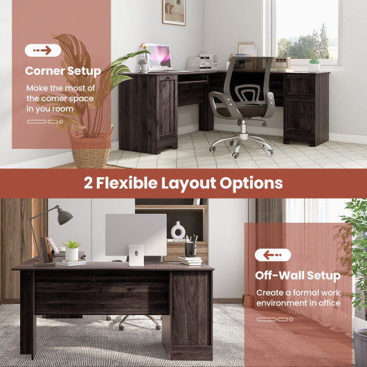L-Shaped Office Desk with Storage Drawers and Keyboard Tray-Dark Brown