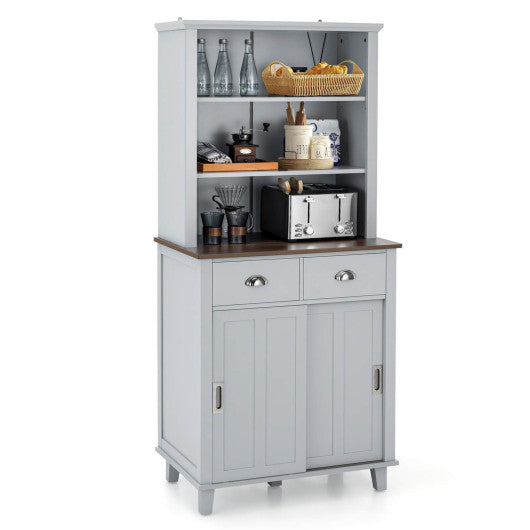 67 inches Freestanding Kitchen Pantry Cabinet with Sliding Doors-Gray