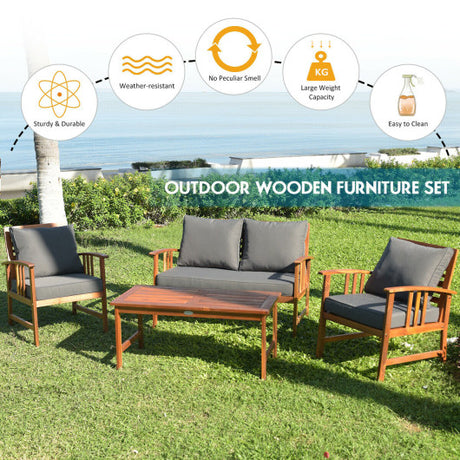 4 Pcs Wooden Patio Furniture Set Table Sofa Chair Cushioned Garden