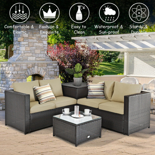 4 Pieces Outdoor Patio Rattan Furniture Set with Cushioned Loveseat and Storage Box-Brown