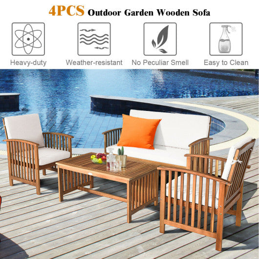 4 Pieces Patio Solid Wood Furniture Set-Beige