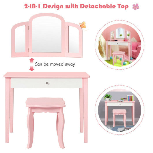Kids Princess Make Up Dressing Table with Tri-folding Mirror and Chair-Pink
