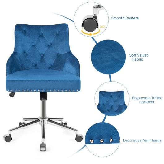 Tufted Upholstered Swivel Computer Desk Chair with Nailed Tri-Blue