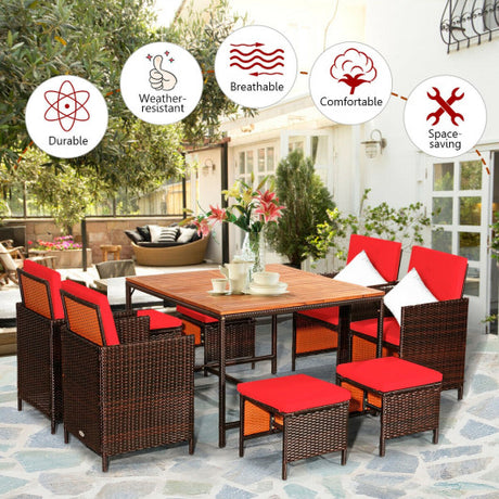 9 Pieces Patio Rattan Dining Cushioned Chairs Set-Red