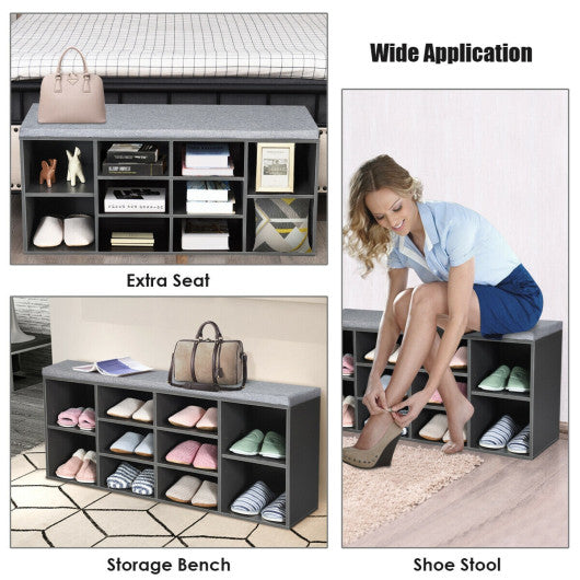 10-Cube Organizer Shoe Storage Bench with Cushion for Entryway-Gray