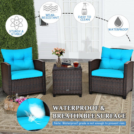 3 Pcs Patio Rattan Furniture Set Cushioned Conversation Set Coffee Table-Turquoise