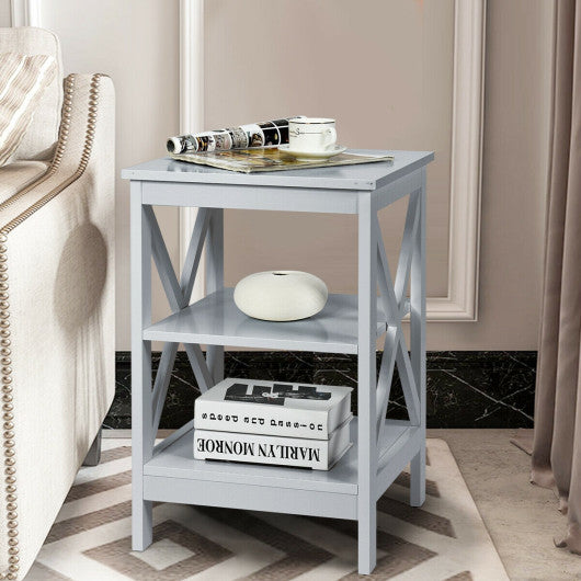 3-Tier Nightstand End Table with X Design Storage -Gray