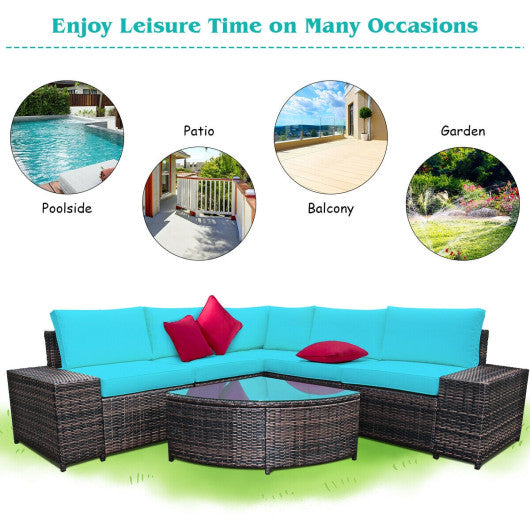 6 Piece Wicker Patio Sectional Sofa Set with Tempered Glass Coffee Table-Turquoise