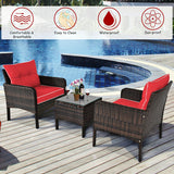 3 Pcs Outdoor Patio Rattan Conversation Set with Seat Cushions-Red