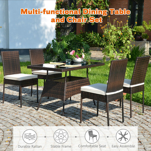 5 Pieces Rattan Dining Set Glass Table High Back Chair