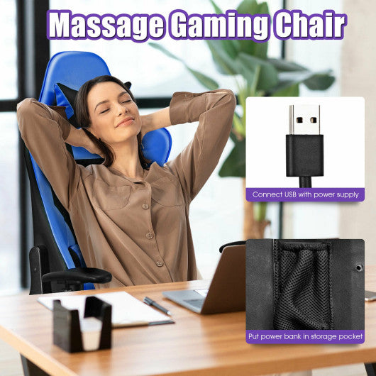 PU Leather Gaming Chair with USB Massage Lumbar Pillow and Footrest -Blue