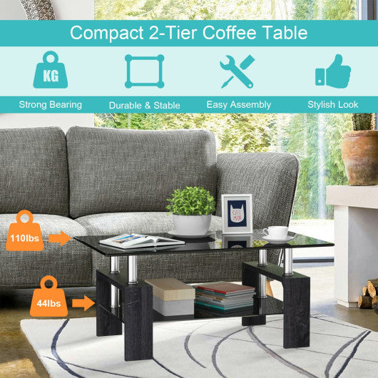 Rectangular Tempered Glass Coffee Table with Shelf-Gray