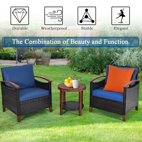 3 Pieces Patio Rattan Furniture Set with Washable Cushion and Acacia Wood Tabletop-Blue