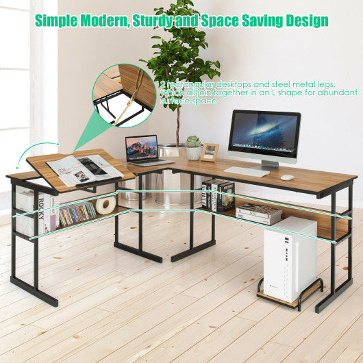L-Shaped Computer Desk with Tiltable Tabletop-Walnut